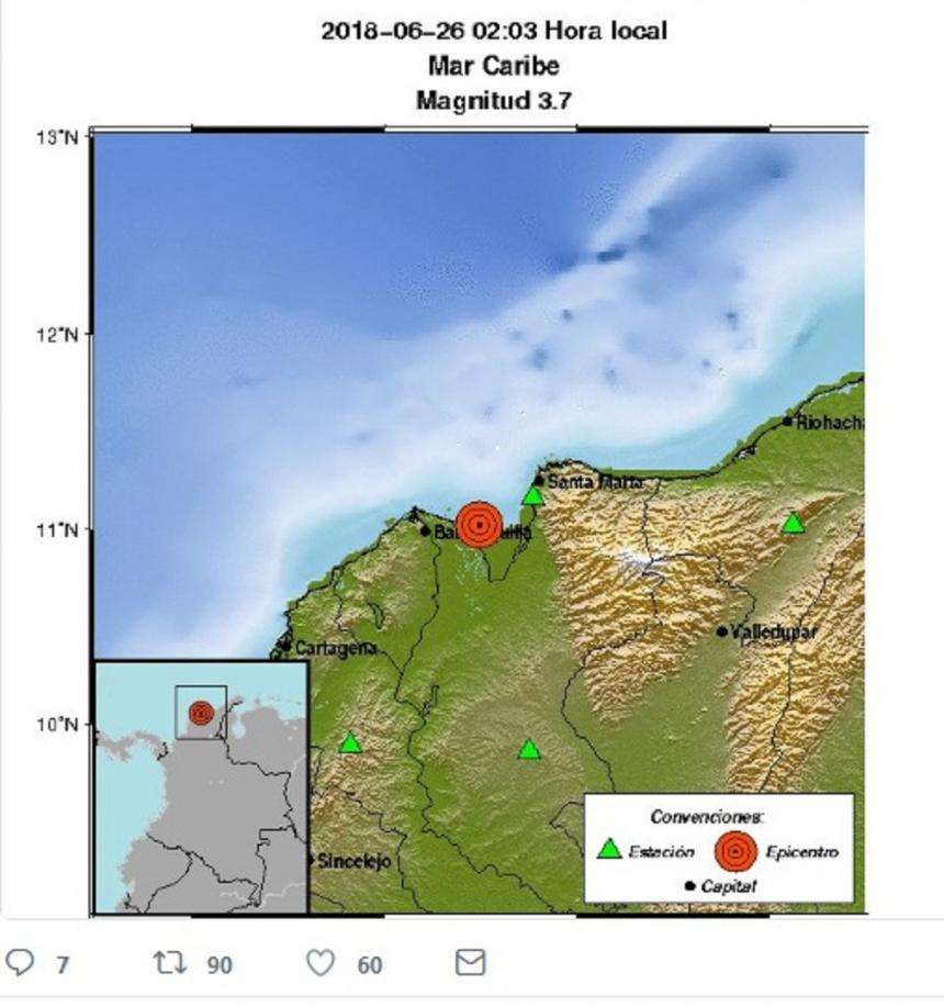 Sismo de 3.7 grados sacudió hoy al Atlántico y una zona del Magdalena