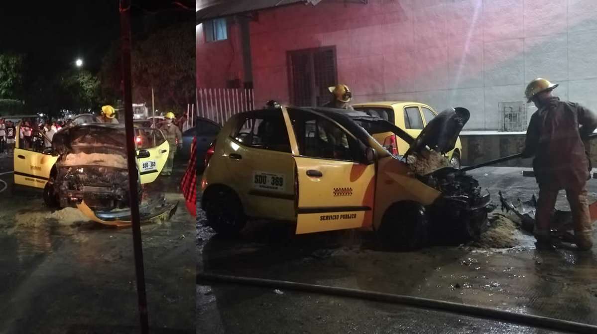 Corto circuito en el motor de un taxi provocó que se incendiara