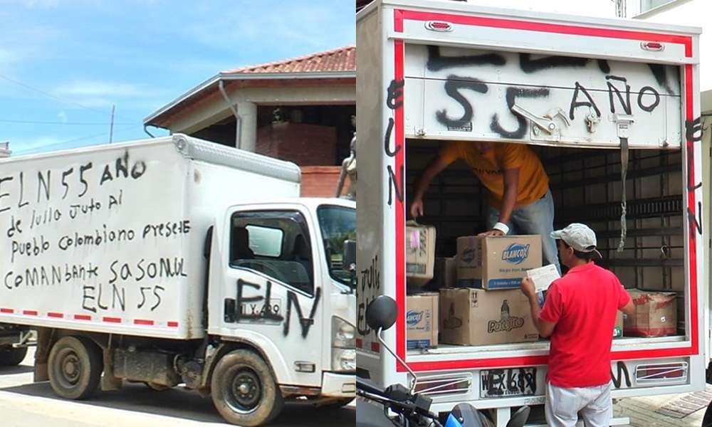 Presuntos guerrilleros del ELN grafitean camiones