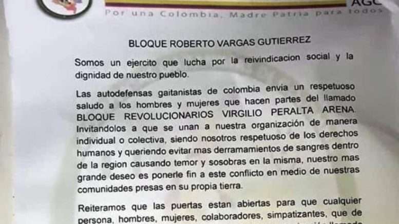 Panfleto anuncia unión entre ‘Clan del Golfo’ y ‘Los Caparrapos’ con fines políticos