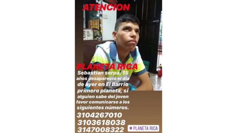 Joven de 15 años lleva tres días desaparecido en Planeta Rica