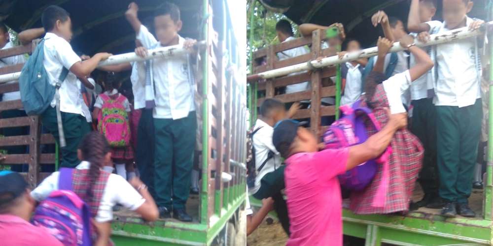 En un camión y como animales, así trasportan a los niños de Moñitos a instituciones educativas