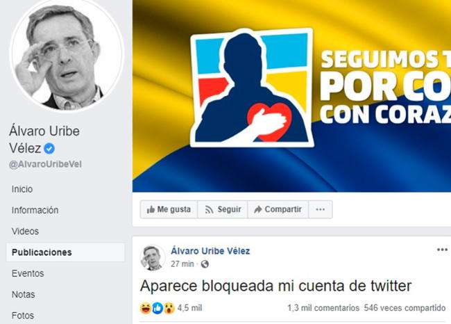 Uribe denuncia que su cuenta de Twitter fue bloqueada