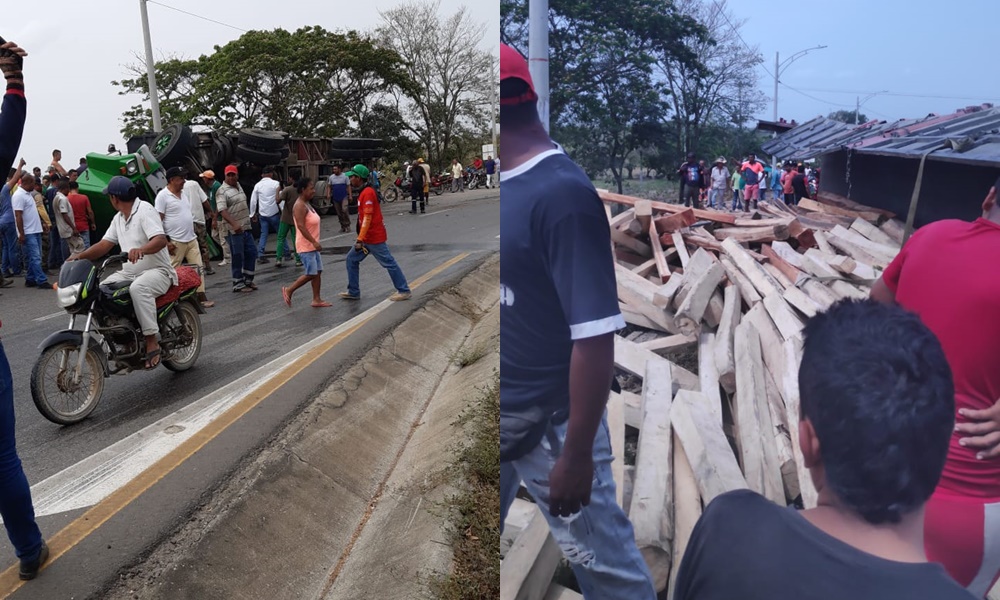 Camión cargado de madera se volcó en la vía Ciénaga de Oro – Sahagún