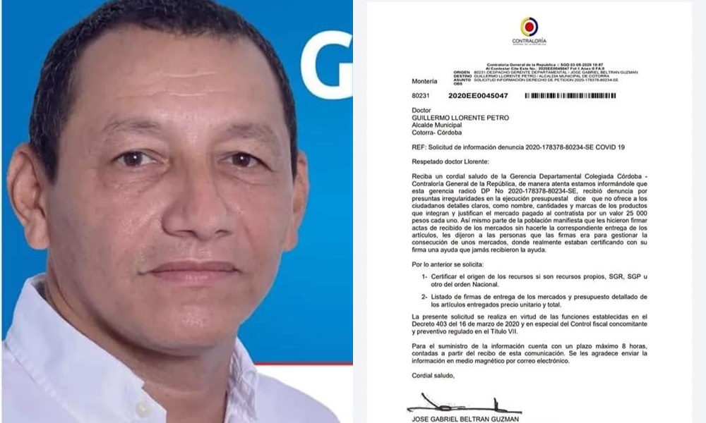 Contraloría investiga al alcalde de Cotorra por presuntas irregularidades en la compra y distribución de mercados para familias vulnerables