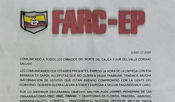 Disidencias de las Farc emiten panfleto amenazante contra líderes campesinos e indígenas