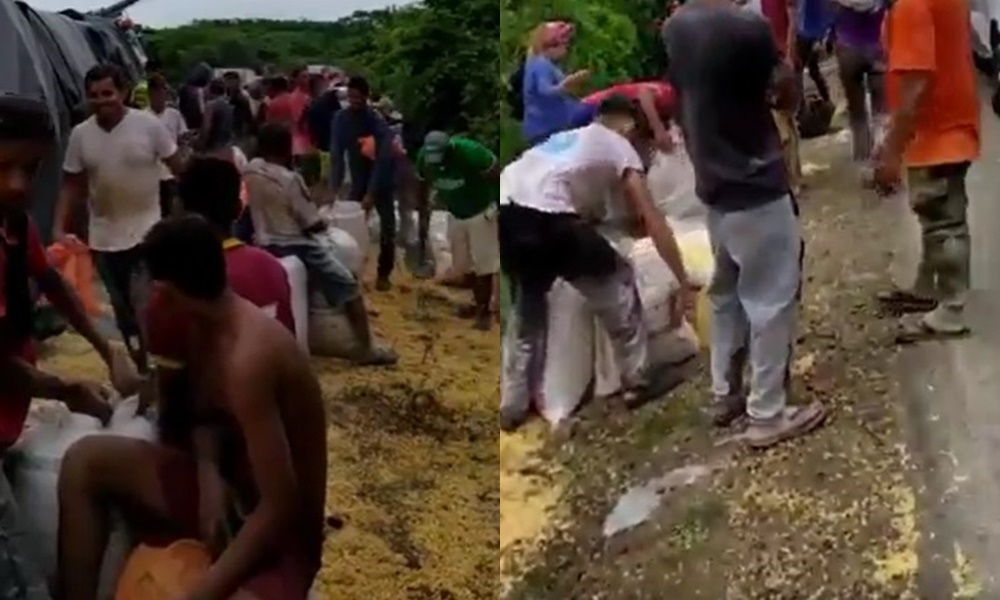 Comunidad saqueó tractomula cargada de maíz que se volcó en Sucre