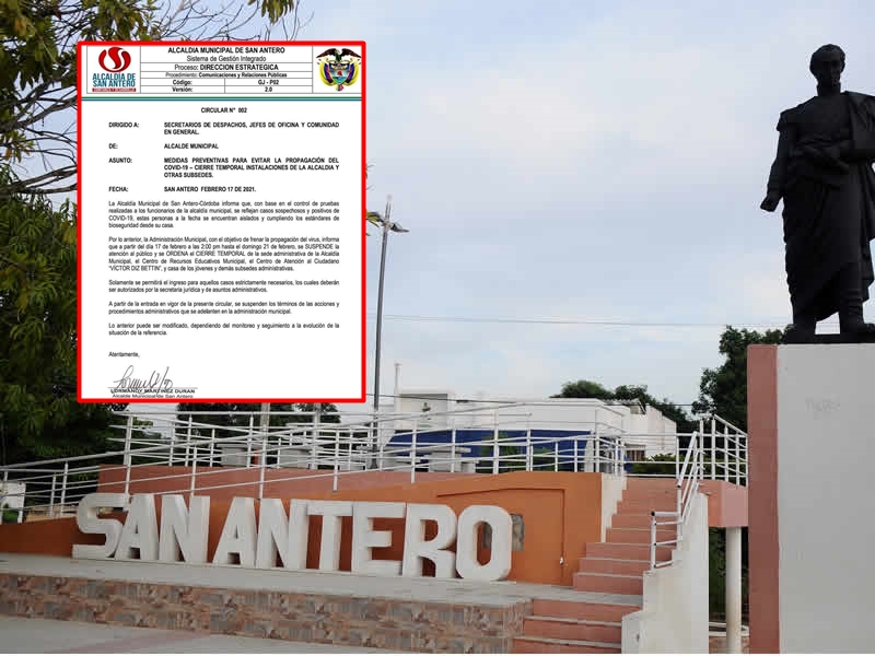 Alcaldía de San Antero cierra sus instalaciones y subsedes para contener los casos de Covid-19