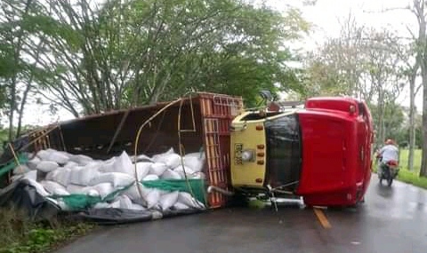 Camión que transportaba alimentos para animales se volcó en Tierralta