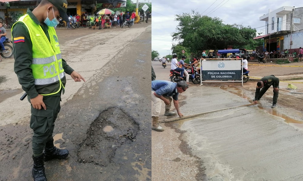 Qué buena labor, policías repararon hueco en la Avenida Bicentenario de Lorica