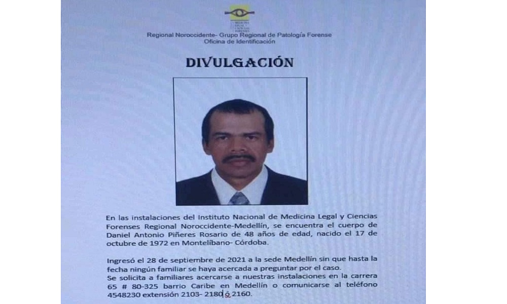 Buscan a familiares de cordobés, su cadáver está en Medicina Legal de Medellín