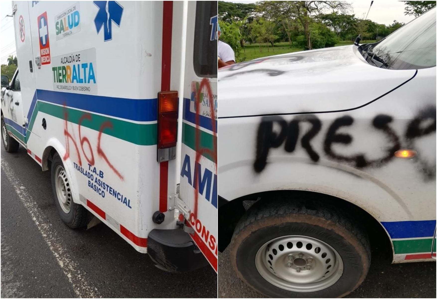 Paro armado en Córdoba: delincuentes grafitearon ambulancia en Tierralta