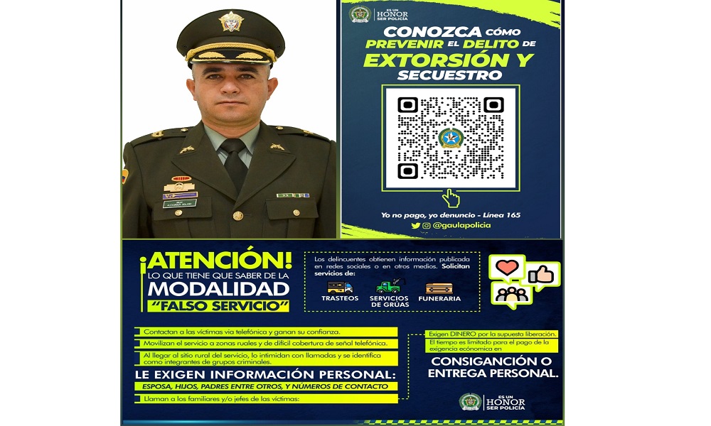 Gaula de Córdoba alerta sobre modalidad de extorsión ‘Falso Servicio’