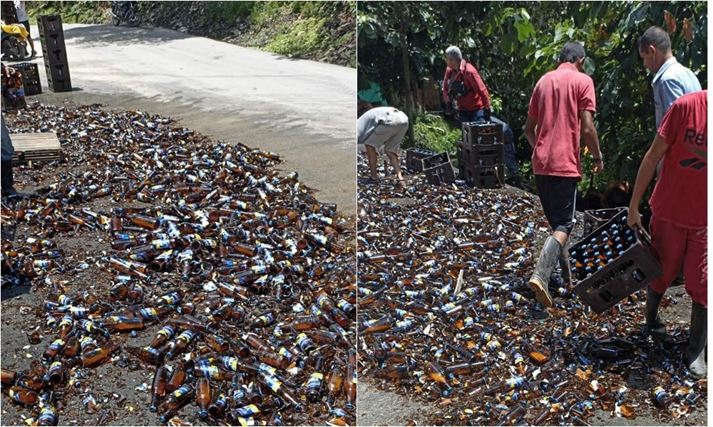 Tractocamión de Bavaria se accidentó, comunidad se llevó las cervezas