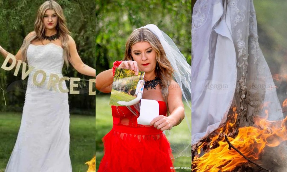 Mujer celebró su divorcio quemando su vestido de novia, llevaba 9 años de matrimonio