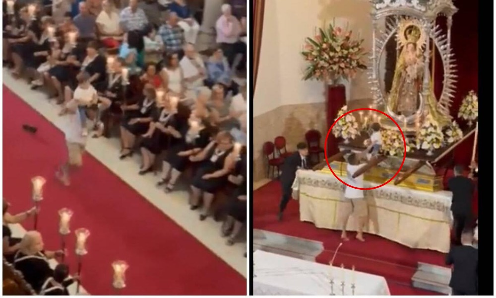 Hombre interrumpe en una misa y deja a su hijo en altar con la virgen