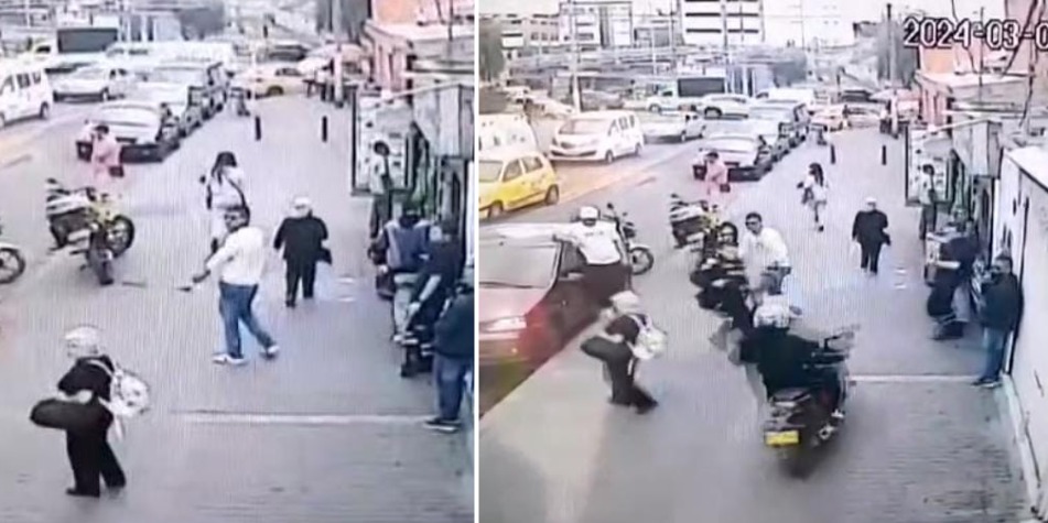 ¡Qué descaro! Ladrón en moto se subió al andén y arrolló a una anciana frente a policía