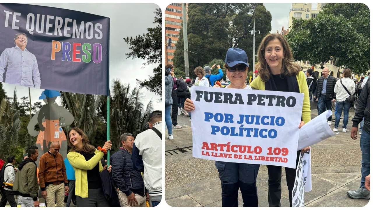 Ingrid Betancourt marchó y con letrero pidió que Petro se vaya preso